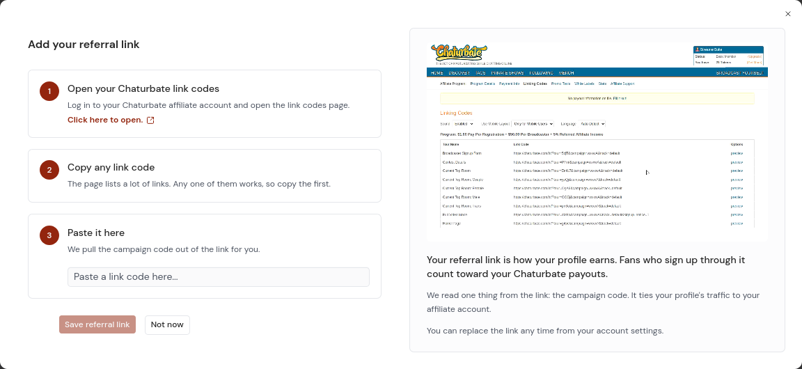 Add your referral link modal