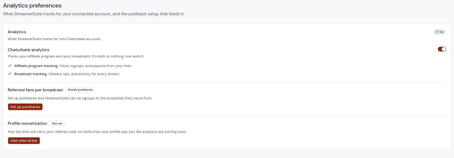 Profile monetization section in your analytics settings