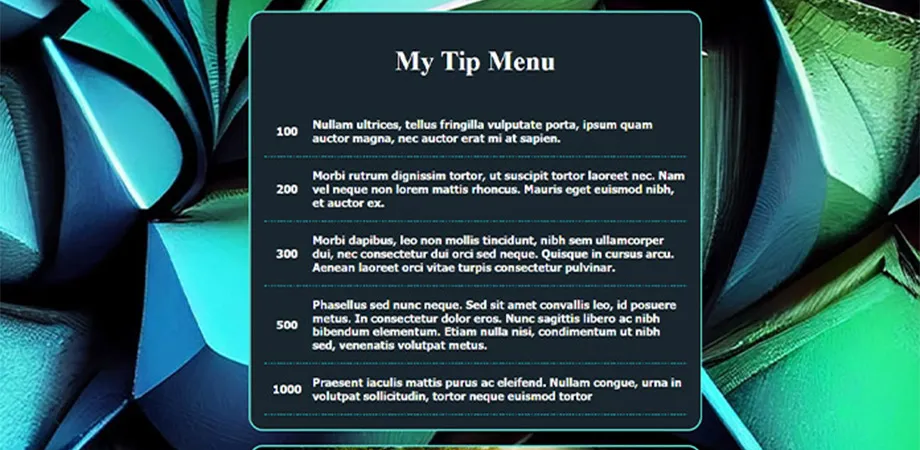 Custom Chaturbate profile featuring a dark-themed tip menu layout with vibrant, abstract background design. Informative visual for stream monetization setup.