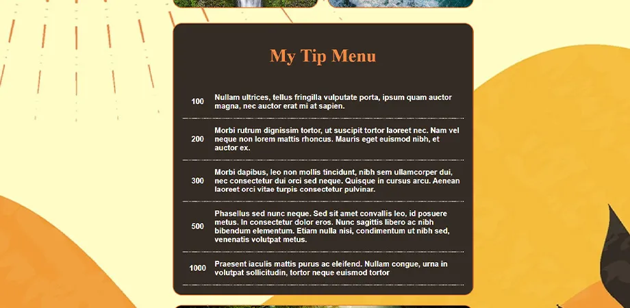 Custom Chaturbate profile with a sunrise-themed background and centered dark tip menu panel. Informative image showcasing a branded, user-friendly interface.