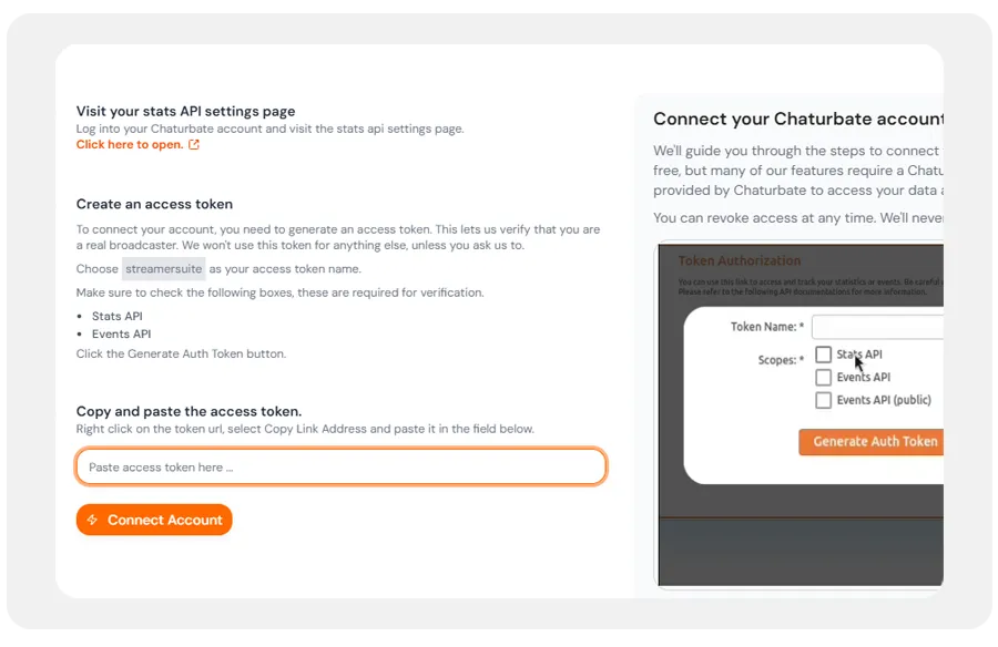 Instructions for generating and entering a Chaturbate access token in StreamerSuite to verify and connect a broadcaster account.
