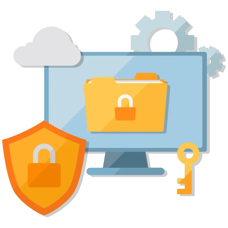 Illustration representing DMCA protection with a computer screen, secure folder, shield, key, and cloud — symbolizing digital copyright security and access control.