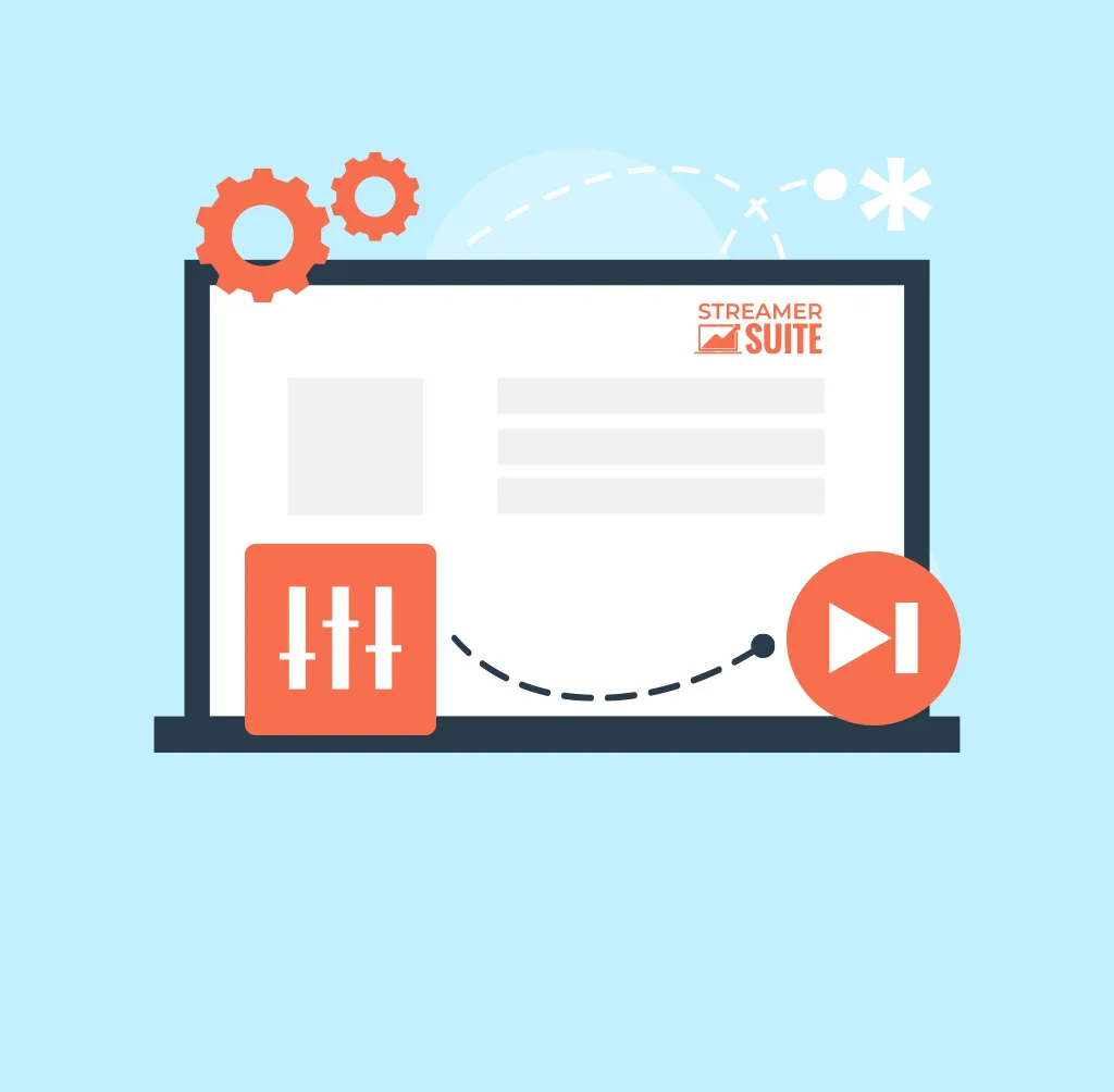 Illustration of StreamerSuite dashboard with gear icons, sliders, and a play button, representing customization settings and launching a live profile.