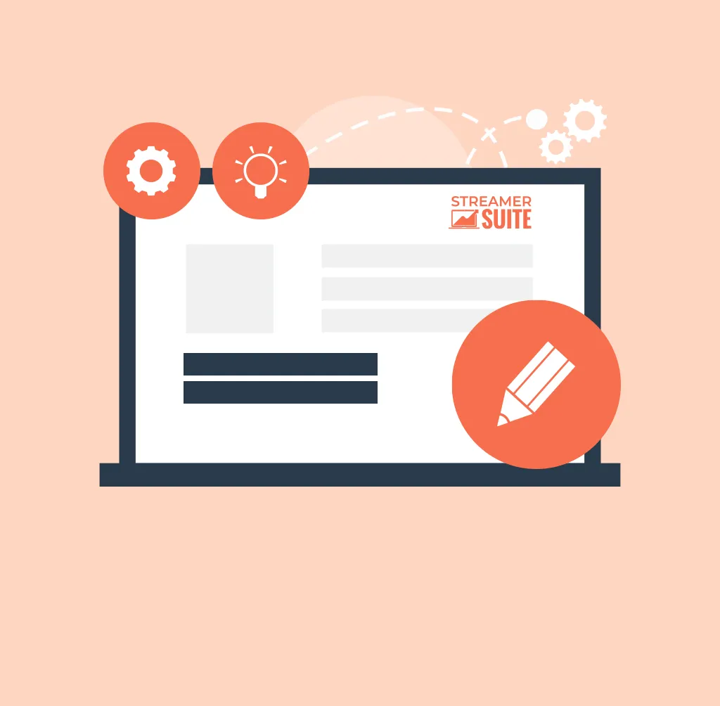 Illustration of StreamerSuite dashboard with icons for settings, ideas, and customization tools, symbolizing profile editing and feature selection.