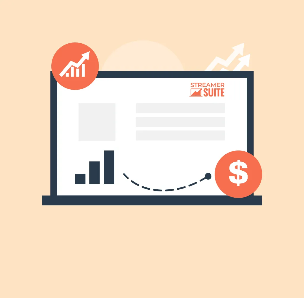 Illustration of StreamerSuite dashboard with bar chart and dollar sign icons, symbolizing growth in performance and revenue.