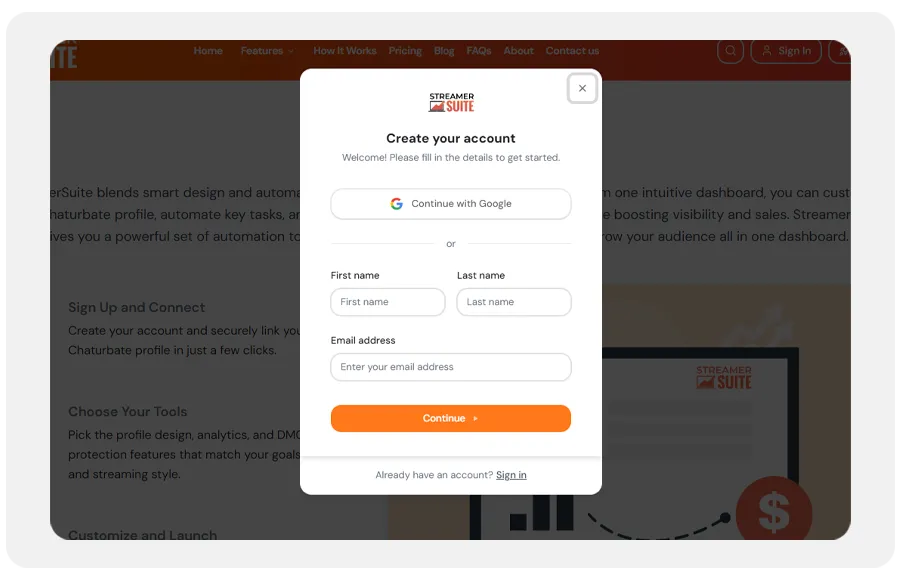 Sign-up modal from StreamerSuite interface showing Google login, email fields, and call-to-action to create an account.