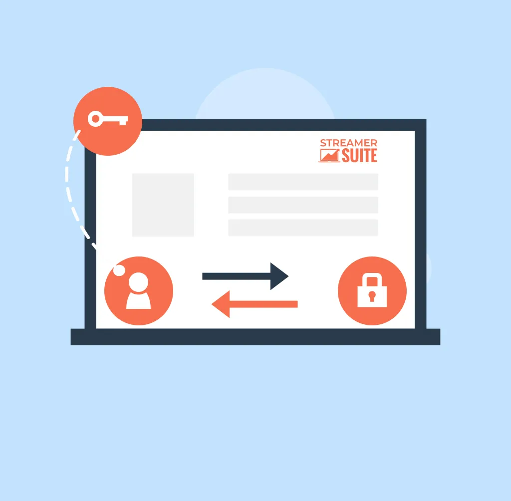 Illustration of StreamerSuite interface showing secure data exchange with user and lock icons, representing account protection and privacy.